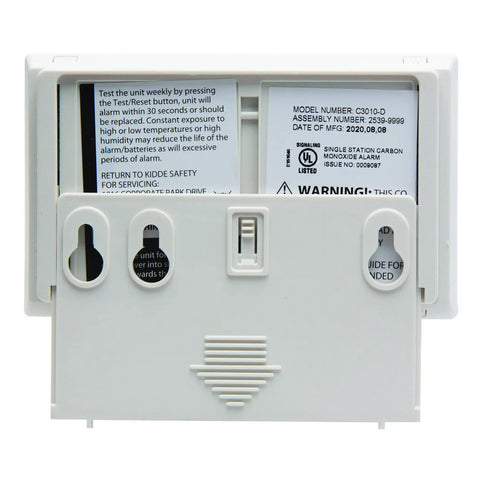 Back view of carbon monoxide detector showing battery compartment and product labels.