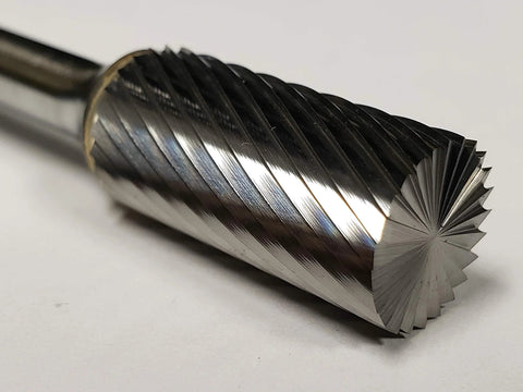 Close-up of SB-5 Cylinder Carbide Burr End Cut Single Cut solid carbide tool for precise deburring and finishing in metalworking.