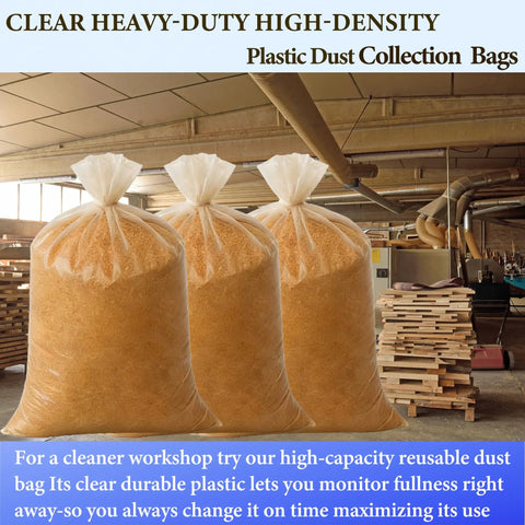 3 clear heavy-duty plastic dust collection bags filled with sawdust in a woodworking shop. 5 Pack Dust Collector Bags 19.5 Inch Diameter 70 Gallon Lower Dust Collection Bag Replacement for Heavy Duty Woodworking 6 Mil Plastic Dirt Proof Waterproof.
