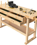 60 Inch Rubber Wood Workbench With Four Drawers Heavy Duty Portable Wood Work Table For Garage Workshop And Home Storage Supports Up To 450 Lbs Perfect For Tool Organization In Any Garage Or Workshop With A Durable Frame And Smooth Surface
