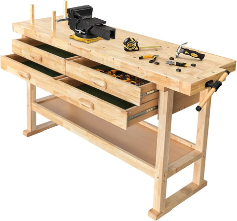 60 Inch Rubber Wood Workbench With Four Drawers Heavy Duty Portable Wood Work Table For Garage Workshop And Home Storage Supports Up To 450 Lbs Perfect For Tool Organization In Any Garage Or Workshop With A Durable Frame And Smooth Surface