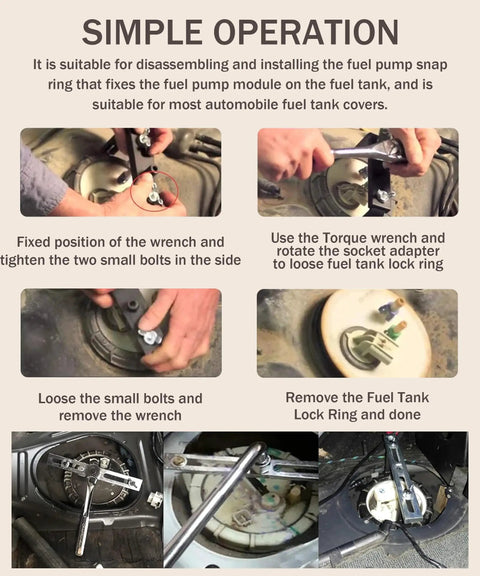 Three Piece Fuel Pump Removal Tool Set with Lock Ring Spanner in use on car fuel tank cap, CrMo steel, corrosion resistant