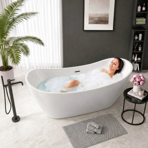 Woman relaxing in a 59 Inch Acrylic Freestanding Bathtub Glossy White Deep Ergonomic Soaking Tub with bubbles.