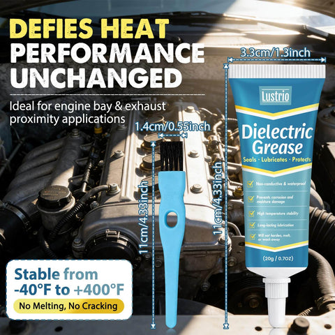 All Weather Waterproof Dielectric Grease With Brush For Automotive Electrical Connectors shown in tube with brush next to engine.