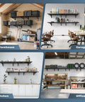 Heavy Duty 4 Pack Garage Wall Shelving Set With 1400Lb Capacity, 2x3 Ft Shelves installed in warehouse, garage, kitchen, and office settings.