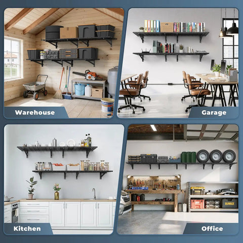 Heavy Duty 4 Pack Garage Wall Shelving Set With 1400Lb Capacity, 2x3 Ft Shelves installed in warehouse, garage, kitchen, and office settings.