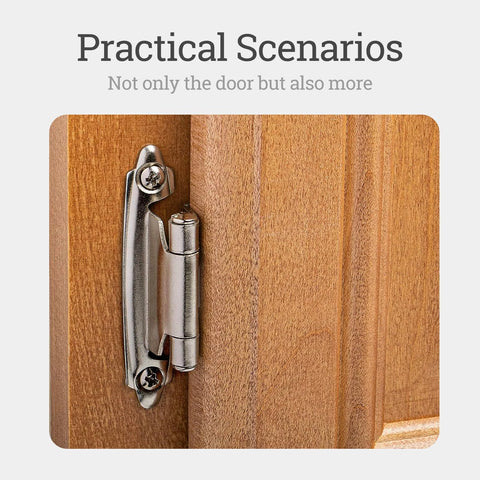 Installed silver steel semi-concealed cabinet hinge on a wooden kitchen cabinet door (1/2 in overlay)