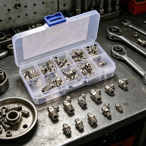 45 Piece Carbon Steel Metric Grease Zerk Fitting Kit With M6 M8 M10 Sizes Includes 90 And 180 Degree Angles For Tough Auto Repairs And Heavy Equipment Maintenance Plus Perfect Leak Proof Seal Every Time; assorted zerk fittings in organizer