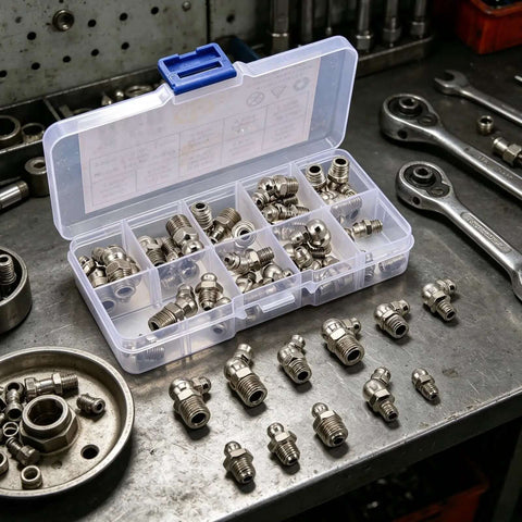 Top Tier 45Pcs Carbon Steel Metric Grease Fitting Kit With M6 M8 M10 Zerk Nipples And Angled Elbows For Auto Garage And Heavy Machinery Maintenance Work in organizer box on workbench