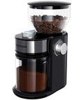 SHARDOR Electric Burr Coffee Grinder 2.0 Automatic Bean Mill For Home With 16 Precise Adjustable Settings For Espresso And French Press Featuring Glossy Black Finish And Uniform Grinding Technology, side view with coffee beans.