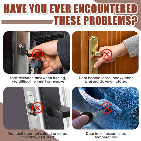 Common lock problems: key jamming in cylinder, difficult door handle movement, door bolt sticking, lock freezing in cold weather.