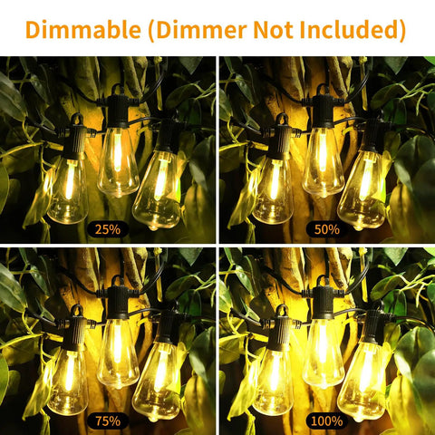 Dimmable outdoor string lights showing 25% to 100% brightness levels, product: Outdoor String Lights 200 Feet IP65 Waterproof.
