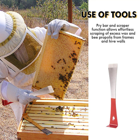 Beekeeper using Beekeeping Hive Tools Set Pro Grade With Stainless Steel J Hook And L Hook Frame Lifter Scraper for hive maintenance