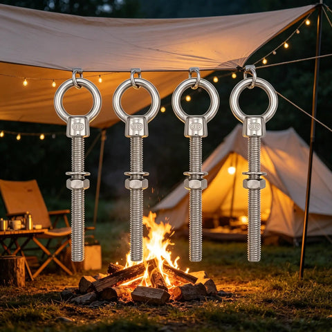 4 Pack 316 Stainless Steel Shoulder Eye Bolts With Nut And Washer Heavy Duty Marine Grade Eyebolts For Lifting And Rigging Outdoors Saltwater Ready For Home Garage Or Workshop Use, hanging on a tent line