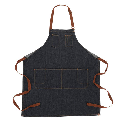 Unisex Memphis Bib Apron in Indigo Blue with adjustable neck buckle and waist ties, durable with four pockets, laid flat for display