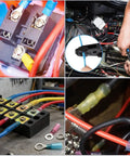 No Sweat Heavy Duty Heat Shrink Wire Connector Assortment Kit featuring various color-coded connectors in use for automotive wiring.