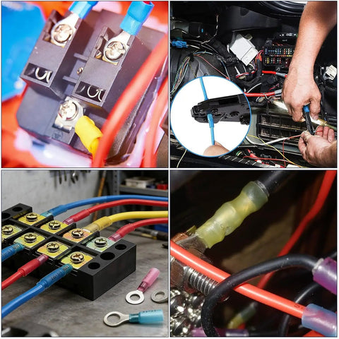 No Sweat Heavy Duty Heat Shrink Wire Connector Assortment Kit featuring various color-coded connectors in use for automotive wiring.