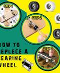 Image showing steps to replace a bearing wheel using the 16 Piece Fingerboard Tool Kit With CNC Lathed Bearing Wheels Nut Drivers And Screwdrivers For Quick Tune Ups On The Fly 34 mm Skateboard Trucks Red Blue Wheels Sturdy Alloy Racks Black And White Finish.