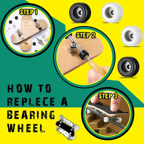 Image showing steps to replace a bearing wheel using the 16 Piece Fingerboard Tool Kit With CNC Lathed Bearing Wheels Nut Drivers And Screwdrivers For Quick Tune Ups On The Fly 34 mm Skateboard Trucks Red Blue Wheels Sturdy Alloy Racks Black And White Finish.