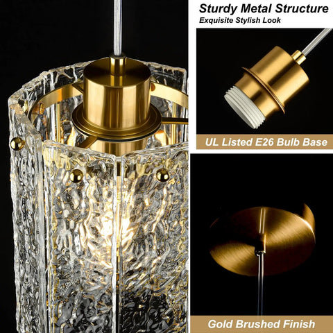 Sleek Gold Brushed Finish 2 Pack Modern Water Ripple Glass Pendant Lights With Adjustable Hanging Cords For Kitchen Island Dining Room Over Sink Super Dope Setup, top view showcasing structure.