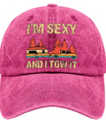 Im Sexy And I Tow It Vintage Funny Camping RV Camper Truck Hat for Men, rose red, low profile adjustable cap for travel adventures.
