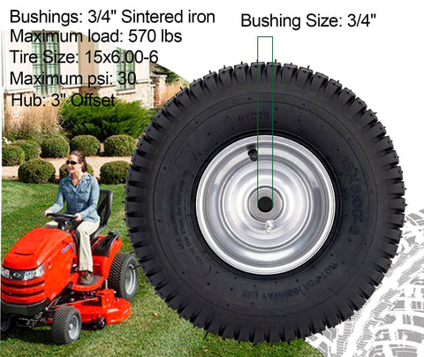 Front view of tire and wheel for 15x6.00-6 lawn mower, sintered iron bush, fits Craftsman, Husqvarna, Deere, strong tread for smooth mowing.