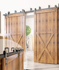 Black Rustic Double Track U Shaped Bypass Sliding Barn Door Hardware Kit For Four Doors 10Ft Flat Track installed