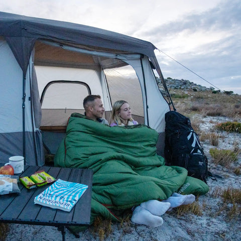 Couple in Double Wide Flannel Sleeping Bag For Two With Pillows, All Seasons Camping Gear For Couples And Families, in a tent