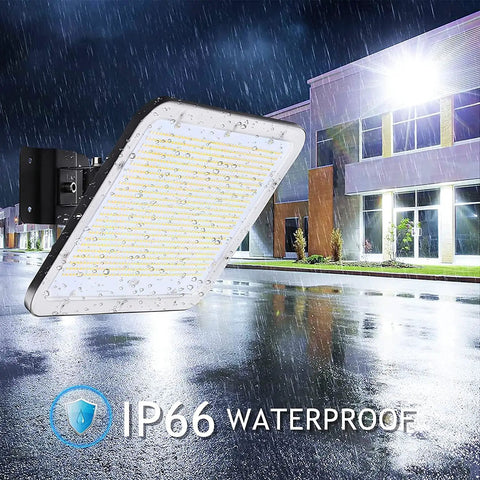 240W Outdoor Flood Light Beast Bright 36000LM 5000K Daylight IP66 waterproof built with heavy duty die cast aluminum, building flank view