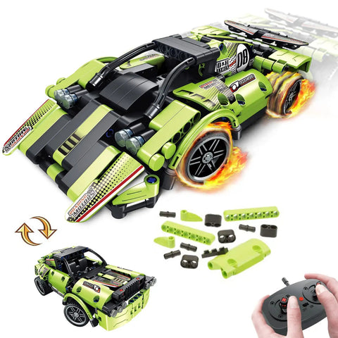 2-In-1 Remote Control Race Car And Off Road Truck Building Set For Kids with snap together blocks and remote control