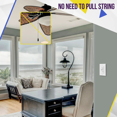 Three Speed Ceiling Fan Control Plug And Play With LED Dimmer Light Switch For Dimmable LED And Incandescent Load Two And A Half Amp Single Pole No Neutral Wire Required White 17001F3W installed on a wall in a well-lit room with an ocean view.