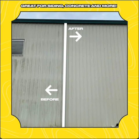 Before and after image showing cleaning results on siding with Top Shelf House Wash Surfactant For Exterior Siding And Roof Cleaning With Stable Bleach Additive Mix, Heavy Duty Soft Wash Soap For Concrete Driveways And Brick Facades, Half Gallon Jug.