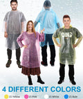 Adults wearing 60 Pack Disposable Rain Ponchos For Adults With Hood in pink, blue, yellow, and clear; ideal for festivals and travel.