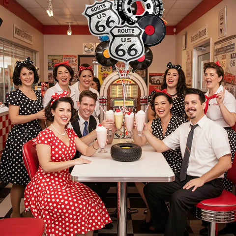 Group enjoying milkshakes in a 50s diner with Route 66 Retro Party Balloons Kit With Vintage Car Tire Decor And Vinyl Record Foil Balloons.