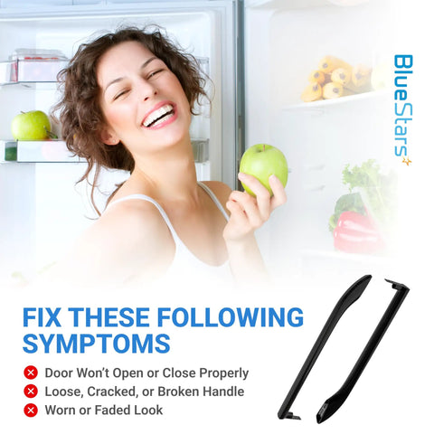 Smiling woman holding an apple next to open fridge, with image of Refrigerator Door Handle Set Of 2 Replacement For 5304506471 below.