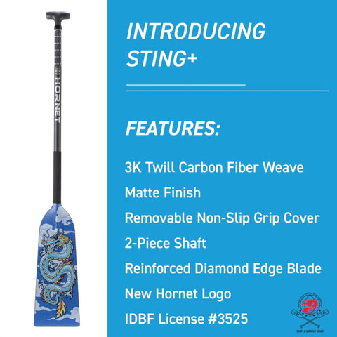 Beefy Dragon Boat Carbon Fiber Racing Paddle With Clamp Adjustable Shaft From 114 To 129.5 Centimeters Lightweight 20 Oz PMI Foam Core IDBF Approved For Serious Crews Blue Dragon Edition displayed with features listed