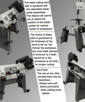 Heavy Duty Benchtop Horizontal Vertical Bandsaw, 110V 1/2HP metal cutting saw showing adjustable guides and sturdy base.