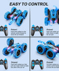 Diagram showing Remote Control Car For Kids Ages Six To Twelve 4WD Stunt RC Car With LED Lights performing various maneuvers.