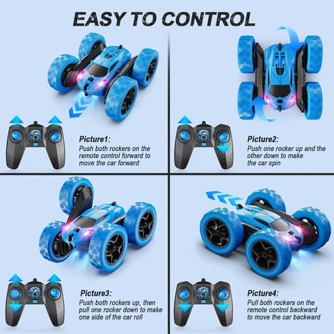 Diagram showing Remote Control Car For Kids Ages Six To Twelve 4WD Stunt RC Car With LED Lights performing various maneuvers.