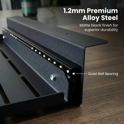 Close-up of Heavy Duty Under Desk Laptop Mount With Super Smooth Gliding Steel Tray, showcasing quiet ball bearings and 1.2mm premium alloy steel.