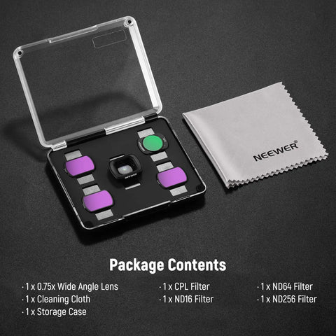 ND Filter Set With 0.75x Wide Angle Lens 108 Degree FOV Includes ND16 ND64 ND256 And CPL For DJI Osmo Pocket 3 And Pocket 4 shown in case with cleaning cloth