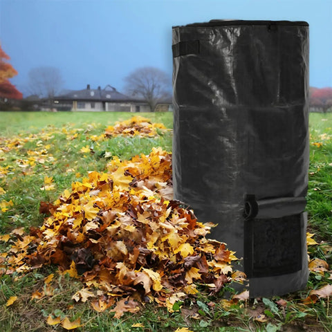 34 Gallon Outdoor Compost Bag For Garden Use Reusable Heavy Duty Collapsible Yard Waste Sack With Airtight Zippers next to leaves