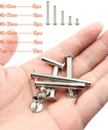 No Nonsense Heavy Duty Nickel Plated Chicago Screws Assortment Kit Featuring Phillips Head Binding Posts With M5 Sizes, 100 Piece Bookbinding Rivet Set For Leather Crafting And Gear Fixes in hand showing sizes and tops.