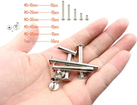 No Nonsense Heavy Duty Nickel Plated Chicago Screws Assortment Kit Featuring Phillips Head Binding Posts With M5 Sizes, 100 Piece Bookbinding Rivet Set For Leather Crafting And Gear Fixes in hand showing sizes and tops.