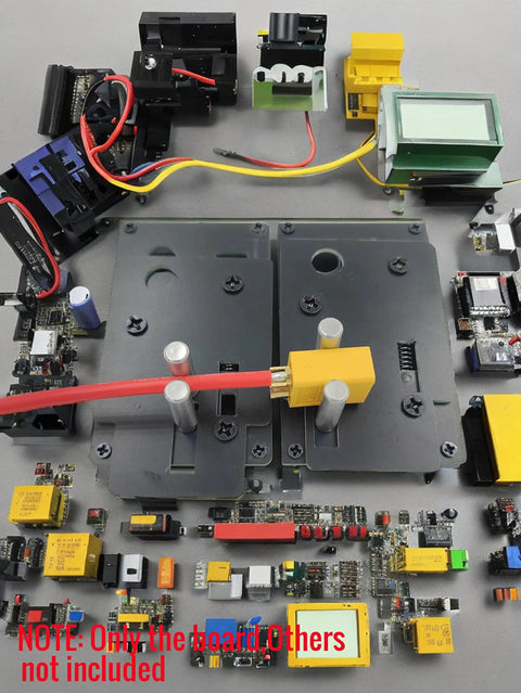Top view of Gnarly Rc Connector Soldering Jig For Xt90 Xt60 Ec5 T Plug with clamps and various connectors on a workstation.