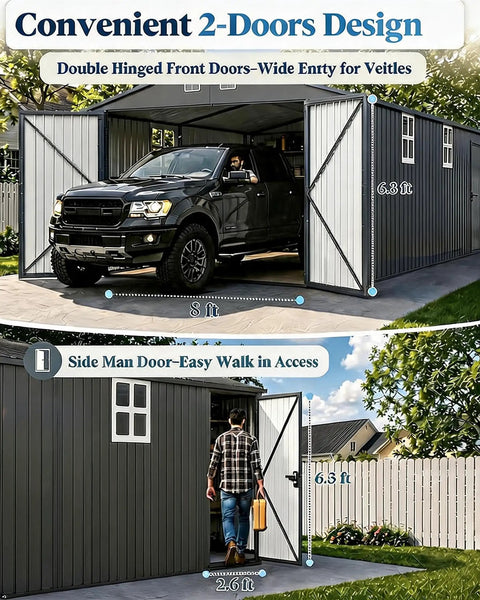 10x20 Foot Metal Garage Shed With Double Hinged Doors And Four Windows, Heavy Duty Carport open showing a black truck inside