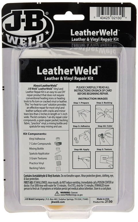 Back view of Vinyl And Leather Repair Kit 3 Oz Black packaging, LeatherWeld instructions and components listed.