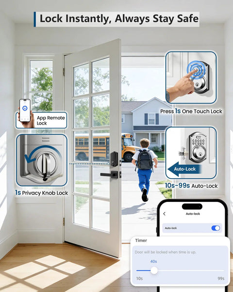 Stress Free Keyless Entry Wifi Keypad Deadbolt Smart Lock For Front Door With Remote App Control showing app, privacy lock, and auto-lock features.
