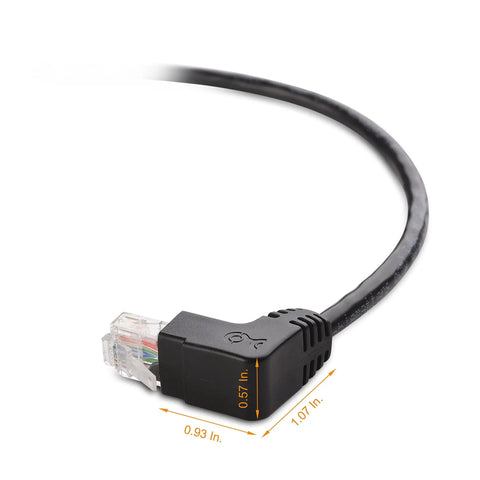 Close-up of 10Gbps Ready Cat 6 Right Angle Ethernet Cable showing 90° down-angled RJ45 connector for tight spaces.