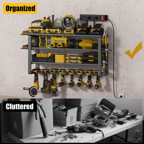 Heavy Duty Power Tool Organizer Wall Mount With 4 Tier Rack And 8 Drill Holders, Charging Station For Garage Workshop Storage